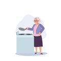 Elderly Woman Culinary Chef concept. Granny Cooking Traditional Homemade Meals on Stove. Flat vector cartoon illustration