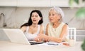 Elderly woman discussing deal with saleswoman in kitchen