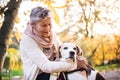 An elderly woman with dog on a walk in autumn nature. Royalty Free Stock Photo