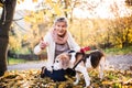 An elderly woman with dog on a walk in autumn nature. Royalty Free Stock Photo