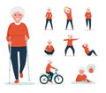 Elderly woman is doing exercises on sport playground in the Park. Active sport concept set. Cartoon flat style