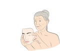 An elderly woman dresses a mask with the face of a young girl. concept of rejuvenation. vector illustration.