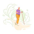 Elderly woman is engaged in Nordic walking in nature green background. Fitness for pensioner. Active lifestyle care old