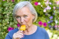 Elderly woman enjoying a refreshing iced lolly