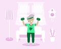 Senior woman exercising with dumbbells at home. Flat illustration.