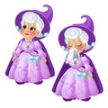 An elderly woman fairy in a purple suit and hat is crying isolated on white background. Vector cartoon close-up