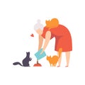 Elderly woman feeding her cats, , adorable pets and their owner vector Illustration on a white background