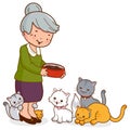 Elderly woman feeding her cats. Vector illustration