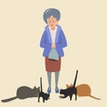 Elderly woman feeds cats vector illustration Royalty Free Stock Photo