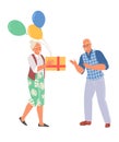 Elderly woman giving gift for senior man vector illustration