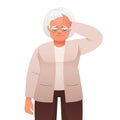 Elderly woman in glasses holds her forehead in sadness. Old grey-haired grandmother has a headache