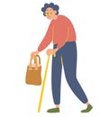 An elderly woman. Grandmother with a bag and a cane in her hands. Old age pensioner leans on a cane. Vector illustration in Royalty Free Stock Photo