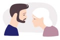 Elderly woman with gray hair and wrinkles and her adult son. Flat vector illuctration. Caucasian Portraits in profile. Family,