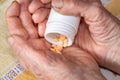 Elderly Womans Hands and Orange Pills, Health Concept, Medicines Related to Older People Ailments. Ailments related to dement