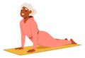 Elderly Woman Is Happily Practicing Yoga On A Mat, Black Aged Female Character In A Comfortable Pose Or Asana