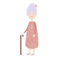 Elderly woman. Happy old lady. cartoon senior female. Grandmother retired with cane