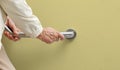 Elderly woman holding on handrail for safety walk steps Royalty Free Stock Photo