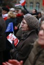 An elderly woman holding a Polish constitution, the protest Committee the Defense of Democracy(KOD), Poznan, Poland Royalty Free Stock Photo