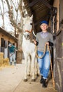 Elderly woman horse breeder leading white racehorse along stables outdoors Royalty Free Stock Photo