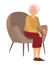 Elderly woman isolated on white background. Sitting female person with gray hair flat vector