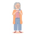 Elderly woman joyfully uses smartphone isolated on white background flat cartoon graphic