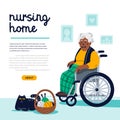 Elderly woman leisure in nursing home. African American elderly woman sitting in a wheelchair next to her basket with Royalty Free Stock Photo