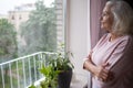 An elderly woman looks sadly out the window. Royalty Free Stock Photo