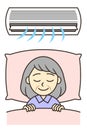 Air conditioning and a senior woman sleeping with a calm face