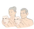 An elderly woman and a man dresses a mask with a young face. concept of rejuvenation. vector illustration.