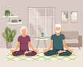 Elderly woman and man practice yoga at home. Meditation by grandparents in a modern cozy interior. Elderly couple