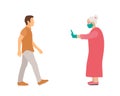 Elderly woman with mask and medical gloves warns man opposite him to keep distance. flat vector illustration