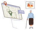 Elderly woman navigating digital map with location pins and 3D graph for modern technology integration Royalty Free Stock Photo