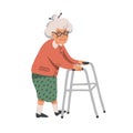 Elderly woman. Old lady character with paddle walker on white background. Senior woman flat Vector illustration.