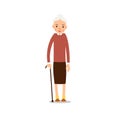 Elderly woman. Old woman stand and rests on a cane. Illustration