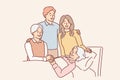 Elderly woman patient of hospital lies on bed and laughs rejoicing at arrival and support of family Royalty Free Stock Photo