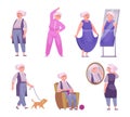 Elderly woman. Pensioner female person in action poses daily activity of senior woman exact vector cartoon illustration