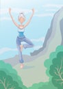 An elderly woman practice yoga outdoors on the edge of the cliff, standing on one leg. Active lifestyle and sport