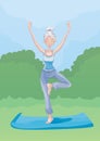 An elderly woman practice yoga outdoors, standing on one leg. Active lifestyle and sport activities in old age. Vector