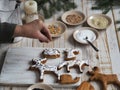 An elderly woman prepares for the holiday of Christmas or New year and is engaged in decorating homemade cookies in the form of