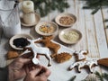 An elderly woman prepares for the holiday of Christmas or New year and is engaged in decorating homemade cookies in the form of