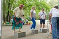 Elderly woman and pretty fatty young woman do exercise to measure pulse after exercise. measurement of heart rate after exercise, Royalty Free Stock Photo