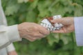 Elderly woman receiving drugs in form of pills and capsules under insurance. Color image, copy space. Insurance concept Royalty Free Stock Photo