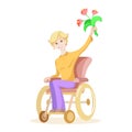 Elderly woman rejoices and holds flowers