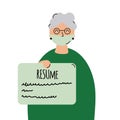 Elderly woman with resume and medical mask. Employment problem. End Ageism concept