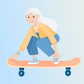 Elderly woman ride a skateboard. Senior silver generation woman riding a board. Grandma on a longboard. Recreational