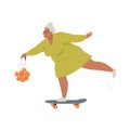 Elderly woman riding skateboard or longboard with shopping string bag. Recreational and healthy sport activities for