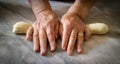 Elderly woman`s hands kneading dough to make fresh bio italian pasta Royalty Free Stock Photo