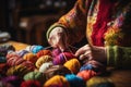 Elderly woman hands knitting something from balls of yarn