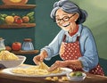 Elderly woman\'s hands making homemade tortellini on wooden table