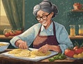 Elderly woman\'s hands making homemade tortellini on wooden table